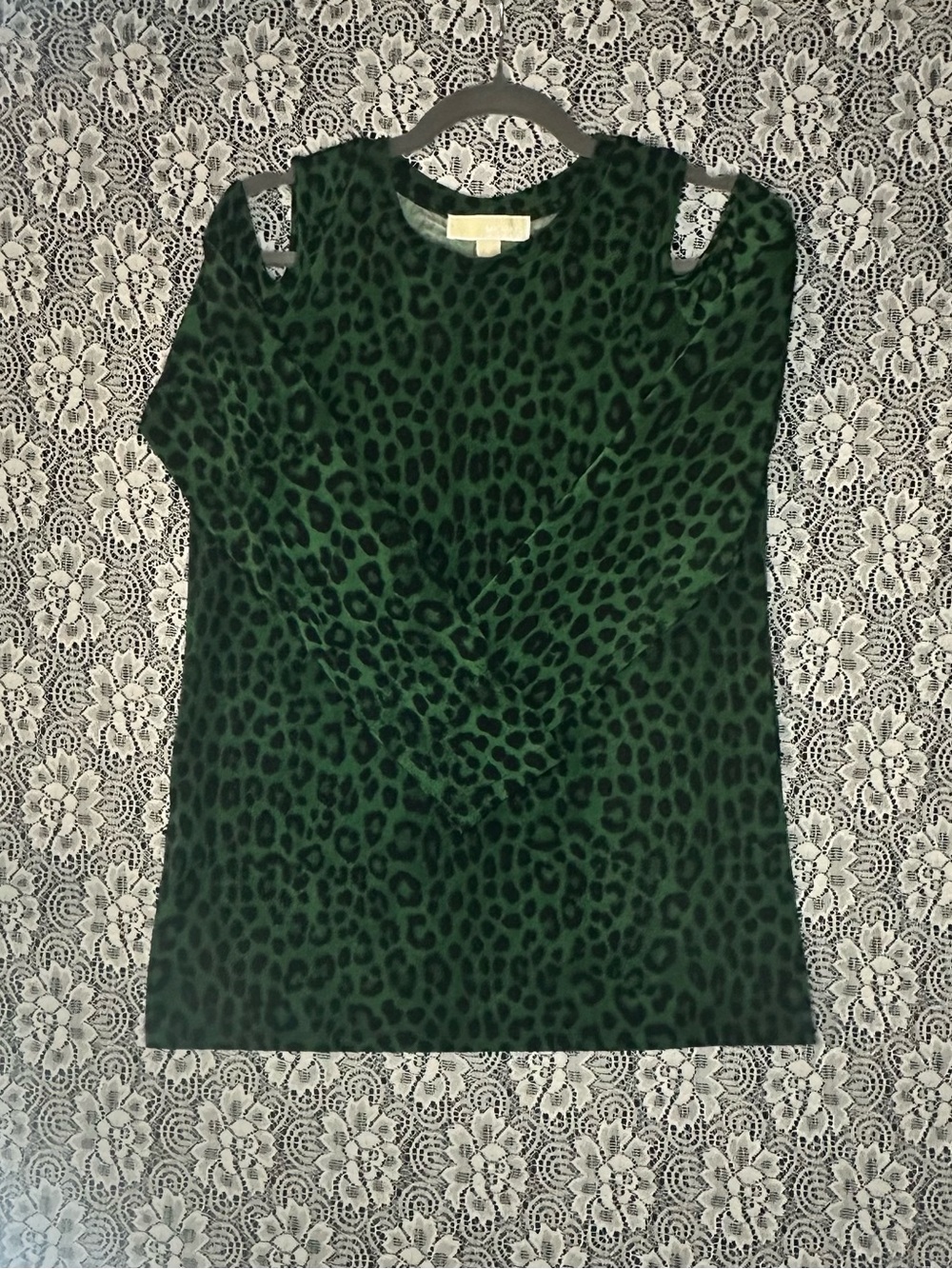 MICHAEL Michael Kors Dark Green Leopard Cold-Shoulder Long Sleeve Top